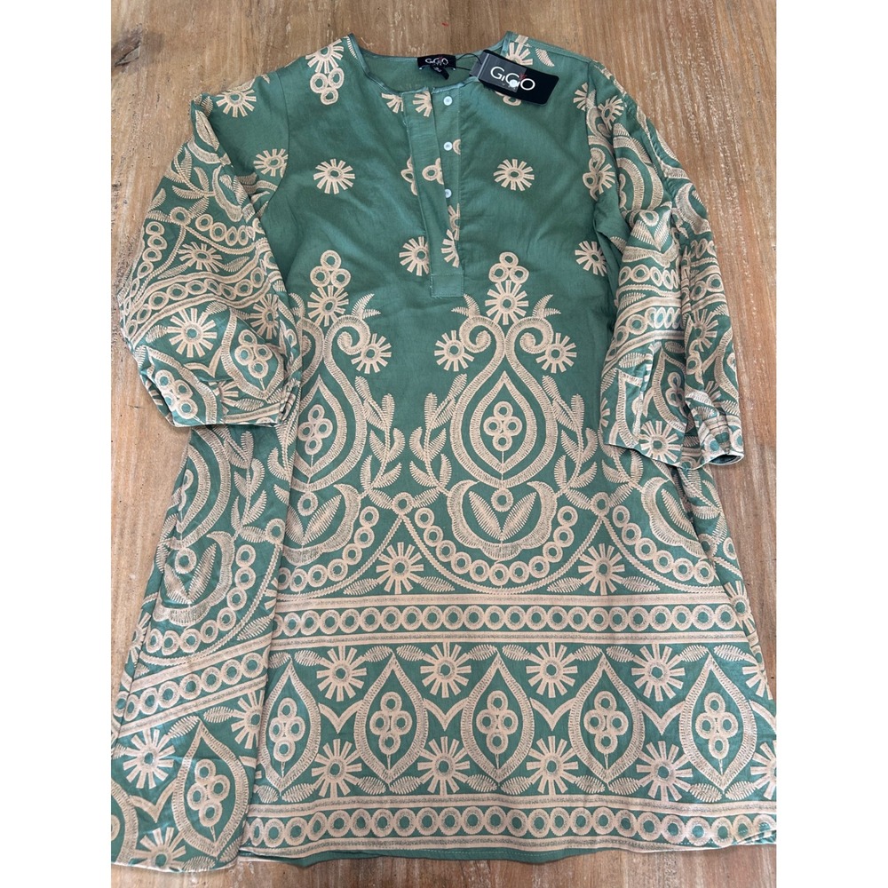 GiGiO Textured Print Mini Dress Sage Green Boho Henley Sleeve Small S42810.1 New
